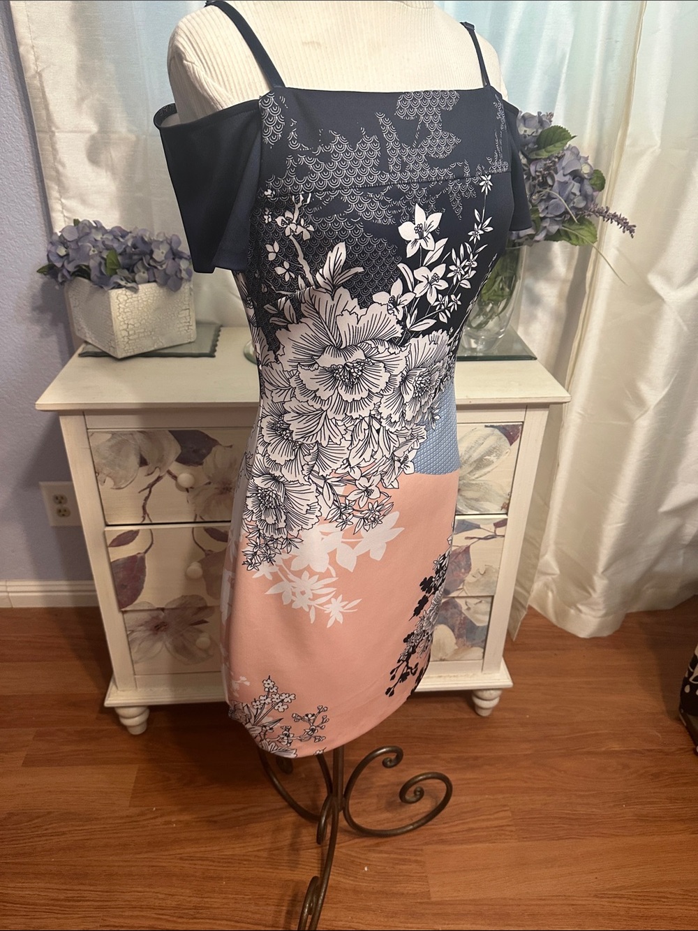 Guess Off Shoulder Floral Sheath Dress in Navy and Blush